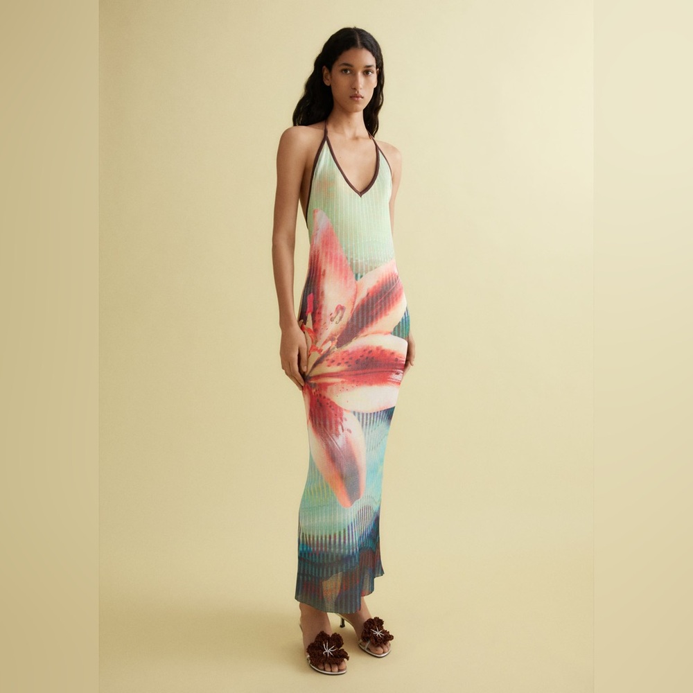 SIEDRES Green and Pink Floral Halter Midi Dress - Picture 4 of 6